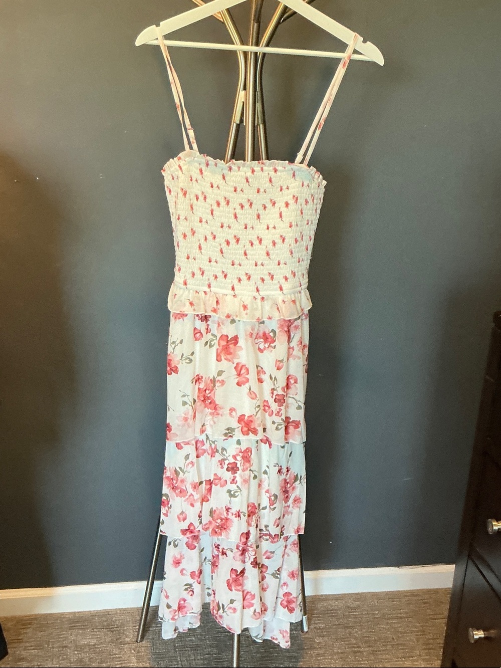 White Maxi Dress with Pink Floral Print and Smocked Bodice